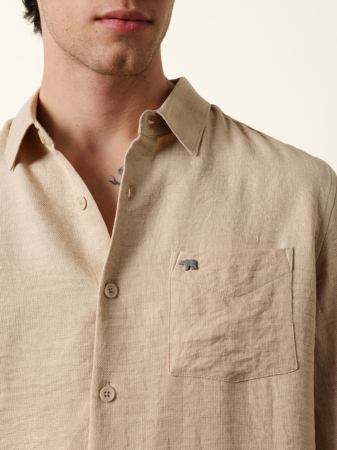 Beige Woven Solid Slim Fit Casual Shirt