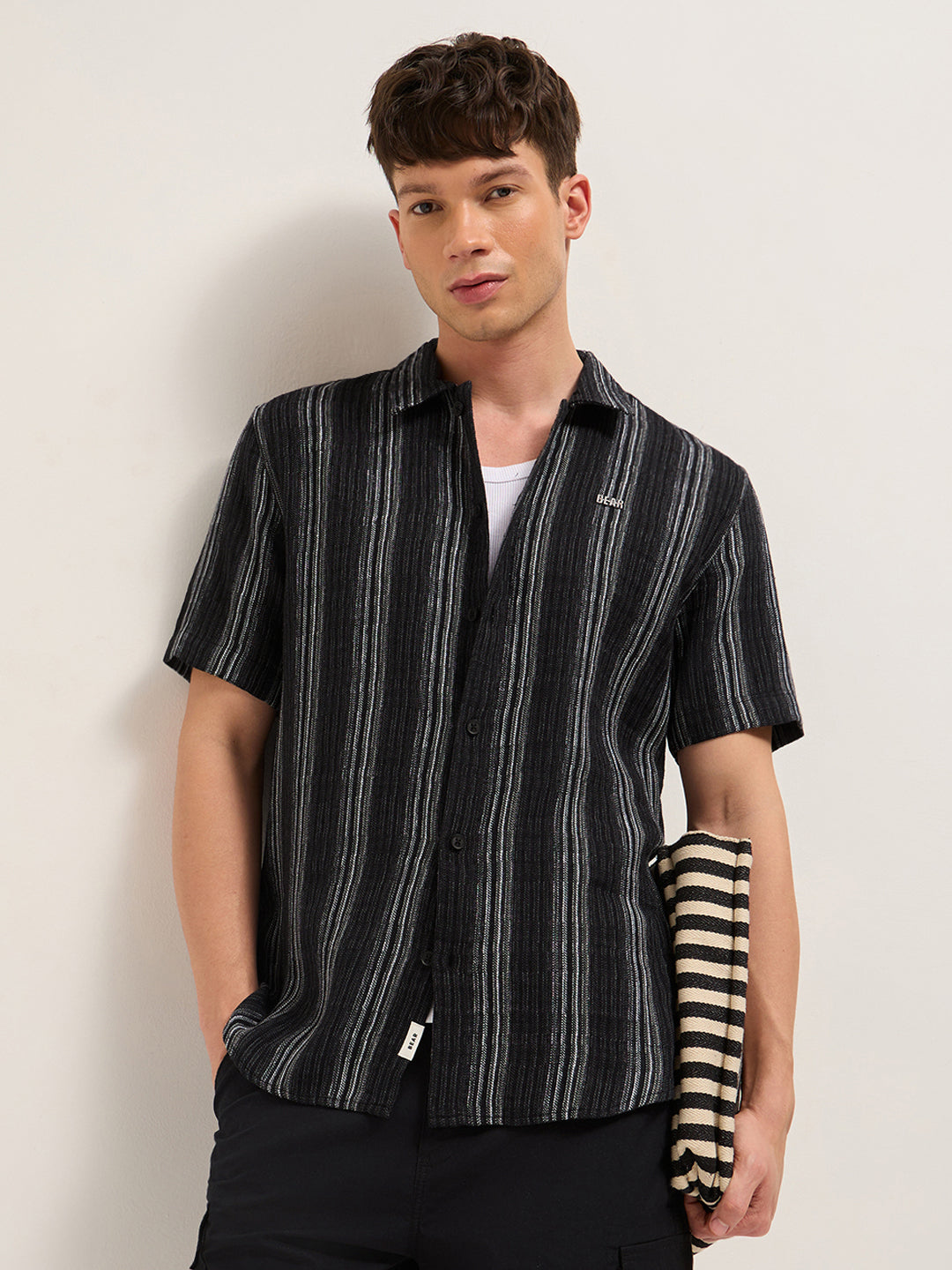 Black Woven Vertical Stripe Regular Fit Half-Sleeve Casual Shirt