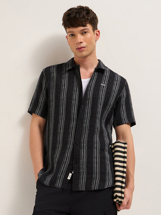 Black Woven Vertical Stripe Regular Fit Half-Sleeve Casual Shirt