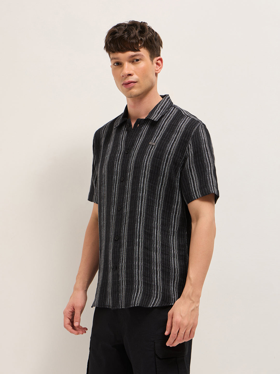 Black Woven Vertical Stripe Regular Fit Half-Sleeve Casual Shirt