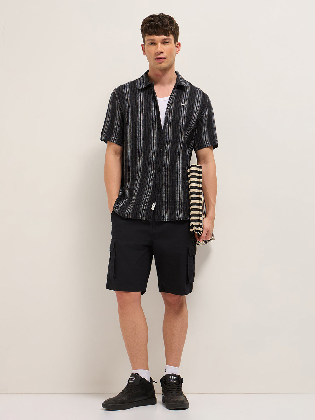 Black Woven Vertical Stripe Regular Fit Half-Sleeve Casual Shirt