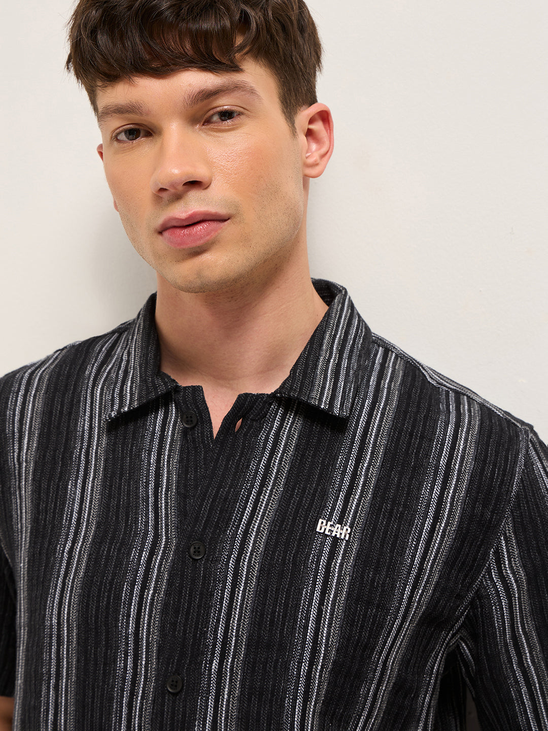 Black Woven Vertical Stripe Regular Fit Half-Sleeve Casual Shirt