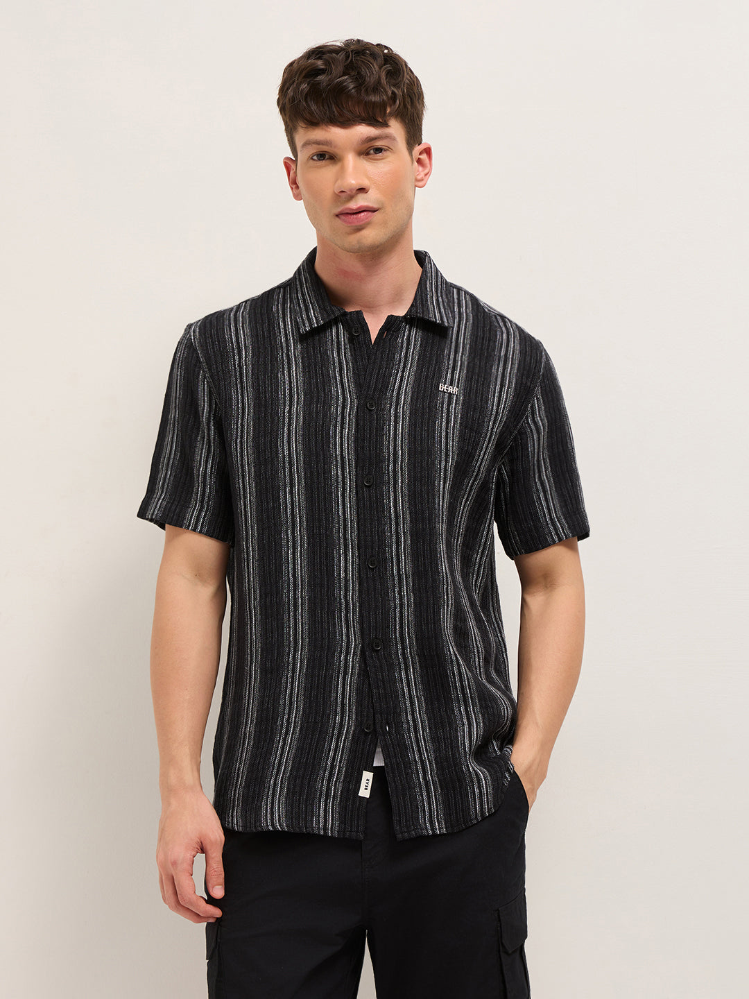 Black Woven Vertical Stripe Regular Fit Half-Sleeve Casual Shirt