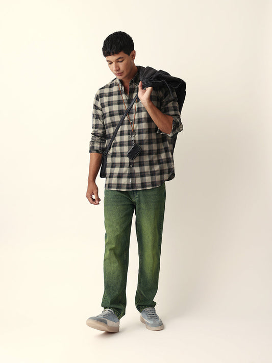 Green Woven Tartan Checked Slim Fit Casual Shirt