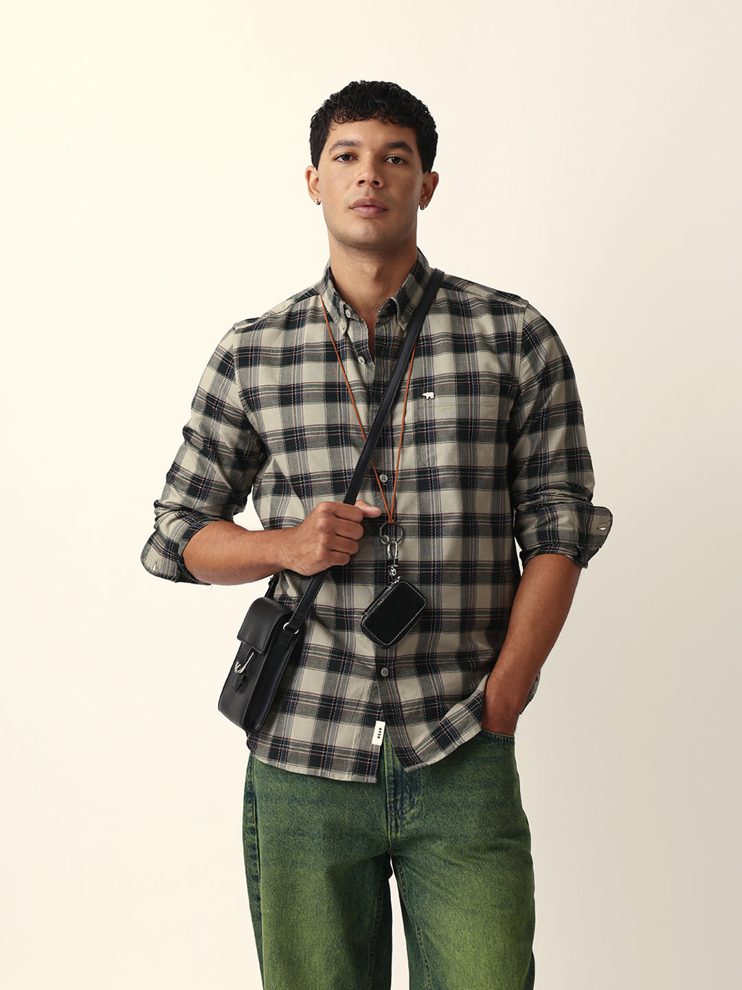 Green Woven Tartan Checked Slim Fit Casual Shirt