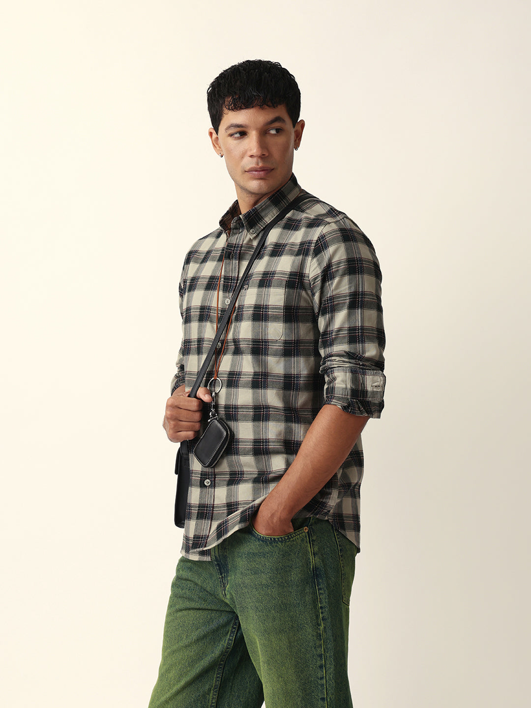 Green Woven Tartan Checked Slim Fit Casual Shirt