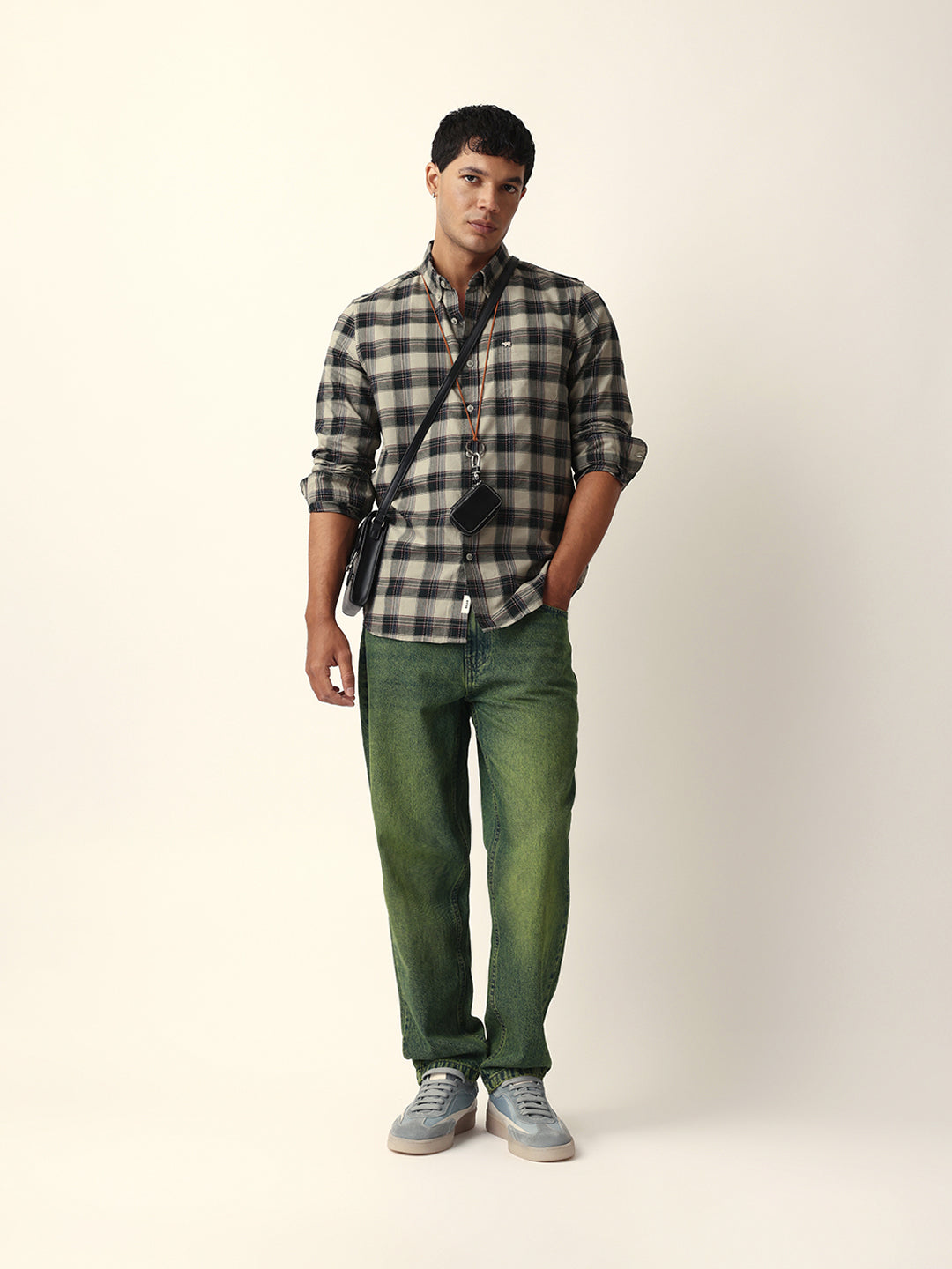 Green Woven Tartan Checked Slim Fit Casual Shirt