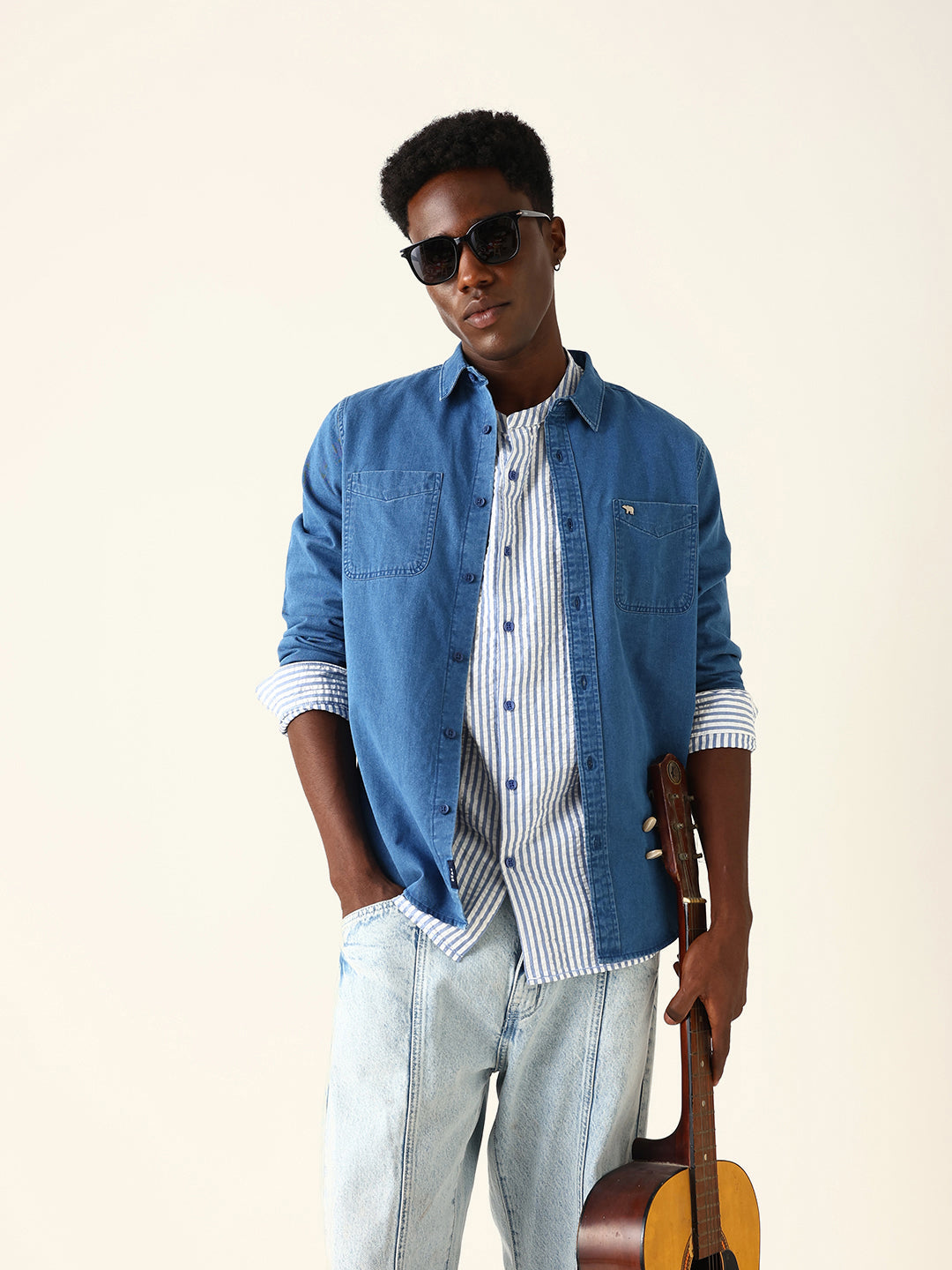 Blue Denim Solid Regular Fit Casual Shirt