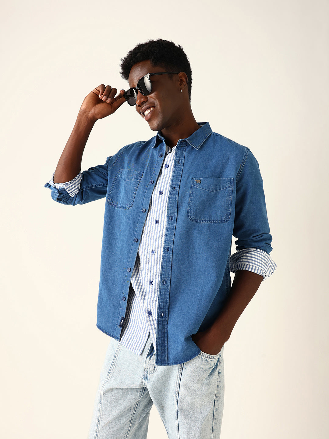 Blue Denim Solid Regular Fit Casual Shirt