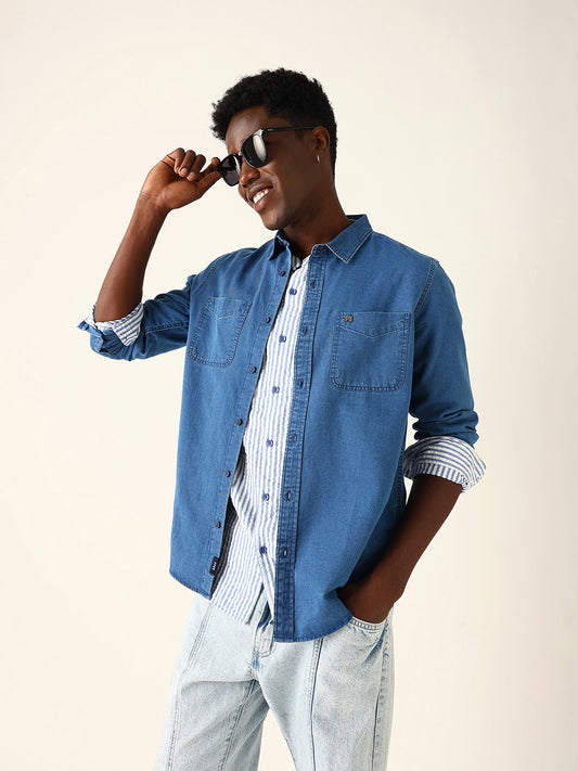 Blue Denim Solid Regular Fit Casual Shirt