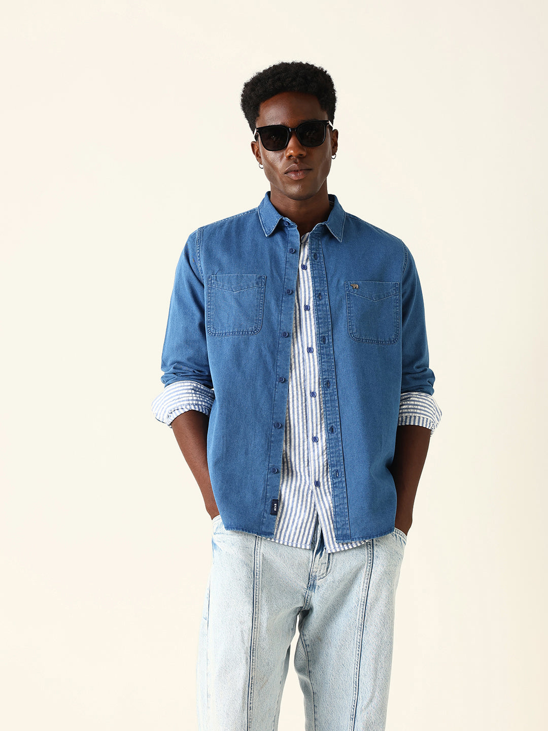 Blue Denim Solid Regular Fit Casual Shirt