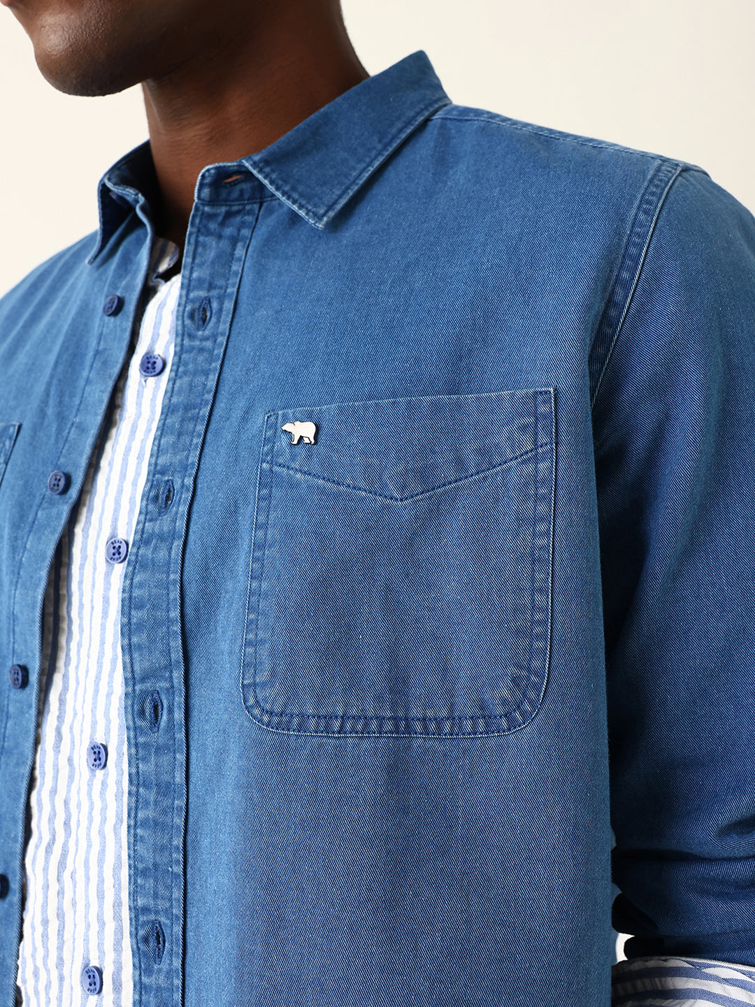 Blue Denim Solid Regular Fit Casual Shirt
