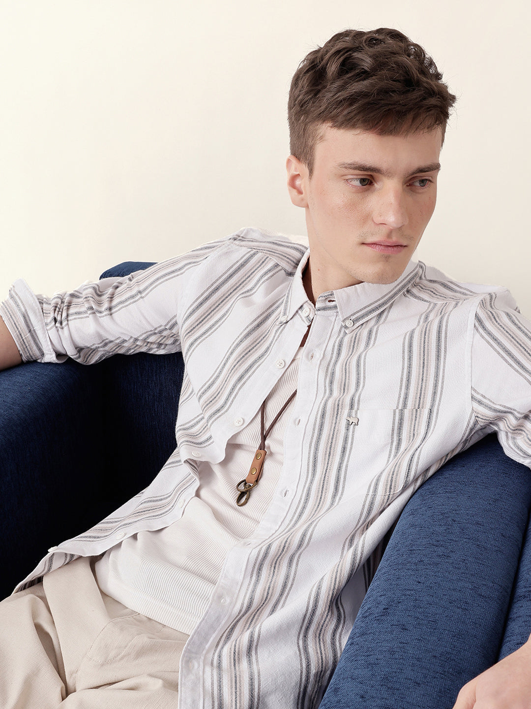 White Vertical Woven Stripe Slim Fit Casual Shirt