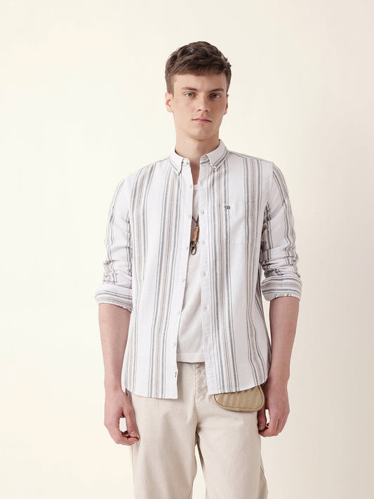 White Vertical Woven Stripe Slim Fit Casual Shirt