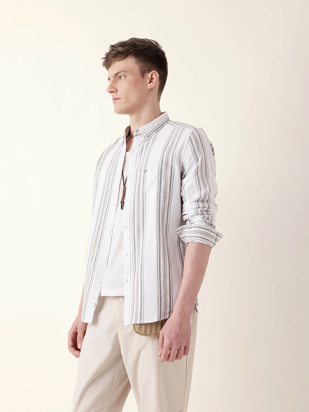 White Vertical Woven Stripe Slim Fit Casual Shirt