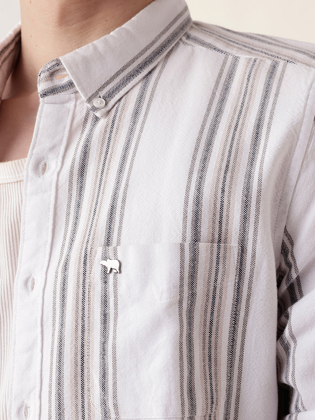 White Vertical Woven Stripe Slim Fit Casual Shirt