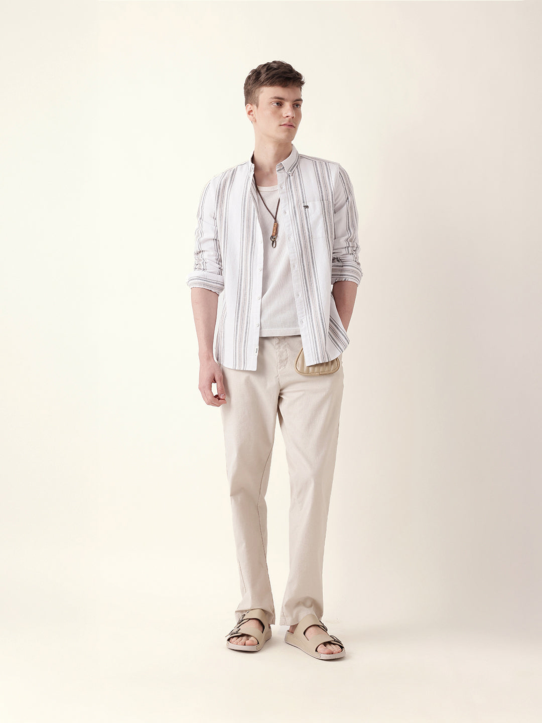 White Vertical Woven Stripe Slim Fit Casual Shirt