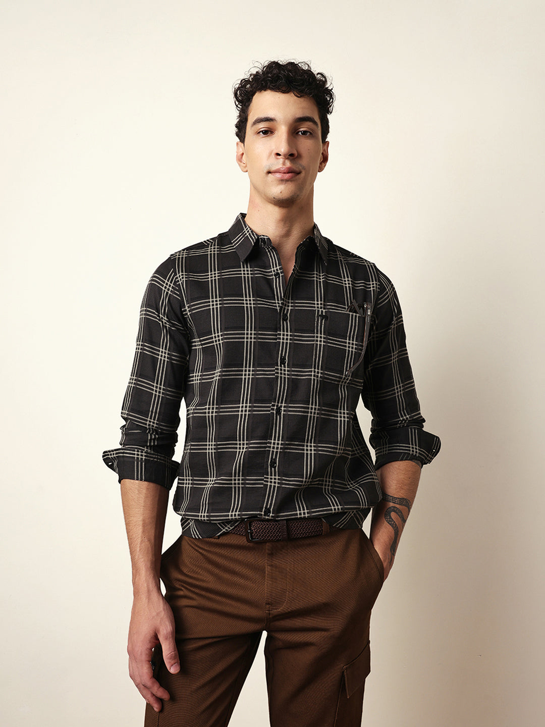 Black Regular Fit Woven Checked Casual Shirt