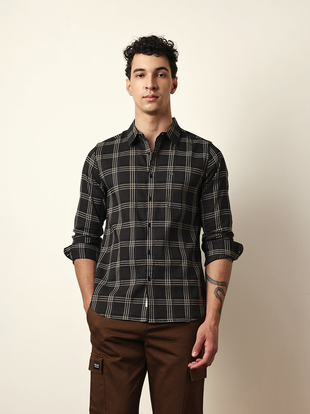 Black Regular Fit Woven Checked Casual Shirt