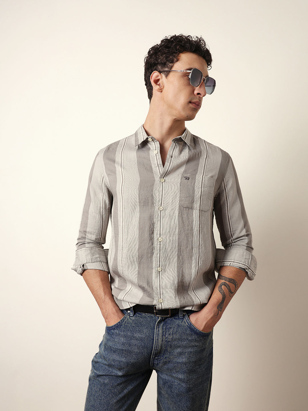 Grey Vertical Woven Stripe Slim Fit Casual Shirt