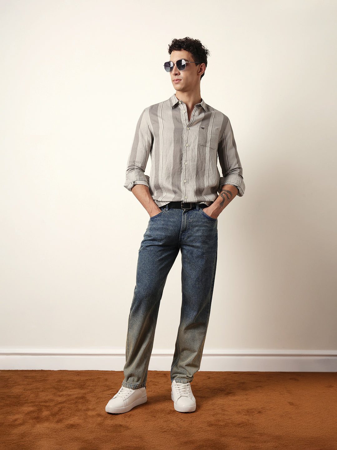 Grey Vertical Woven Stripe Slim Fit Casual Shirt