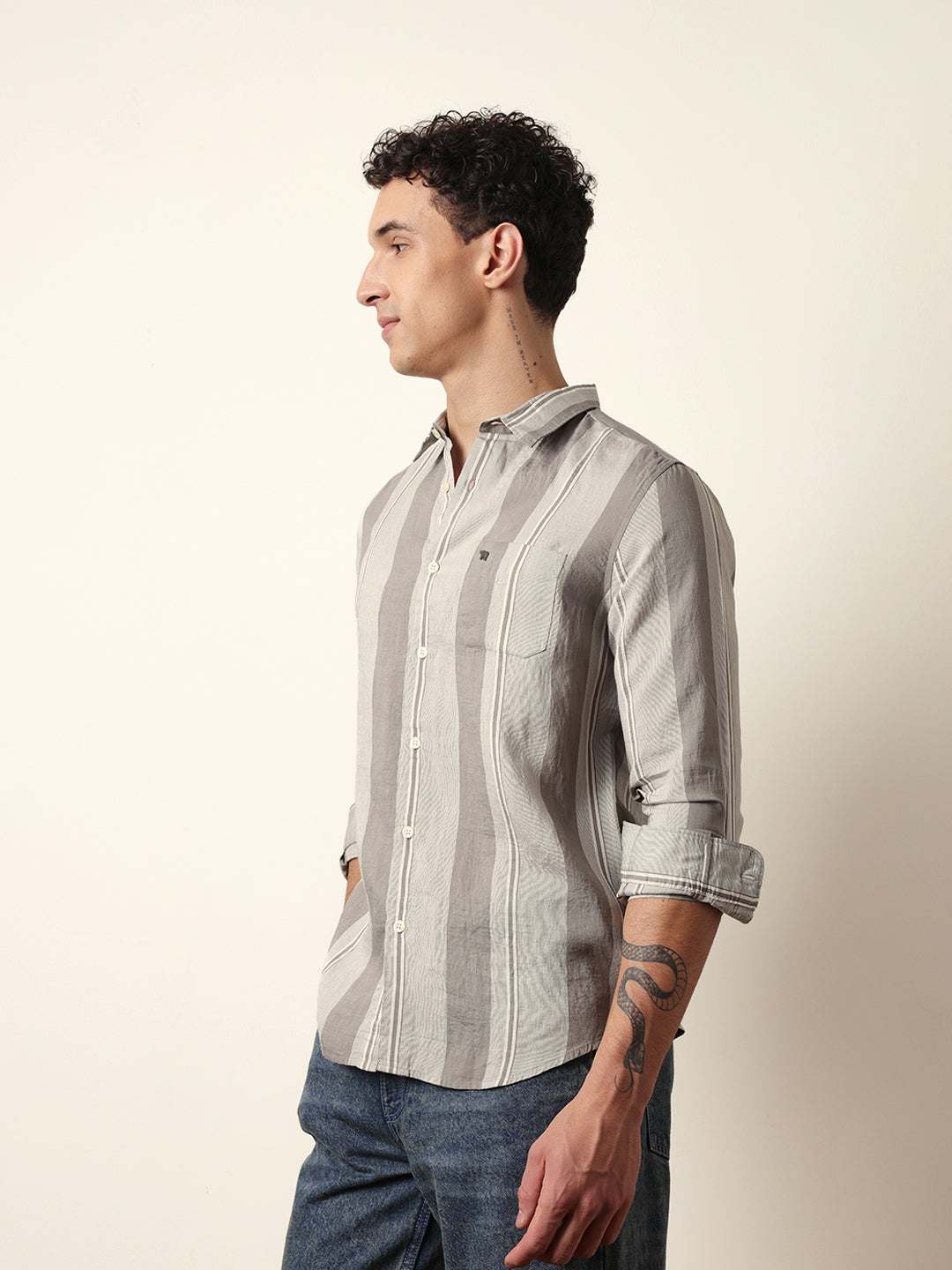 Grey Vertical Woven Stripe Slim Fit Casual Shirt