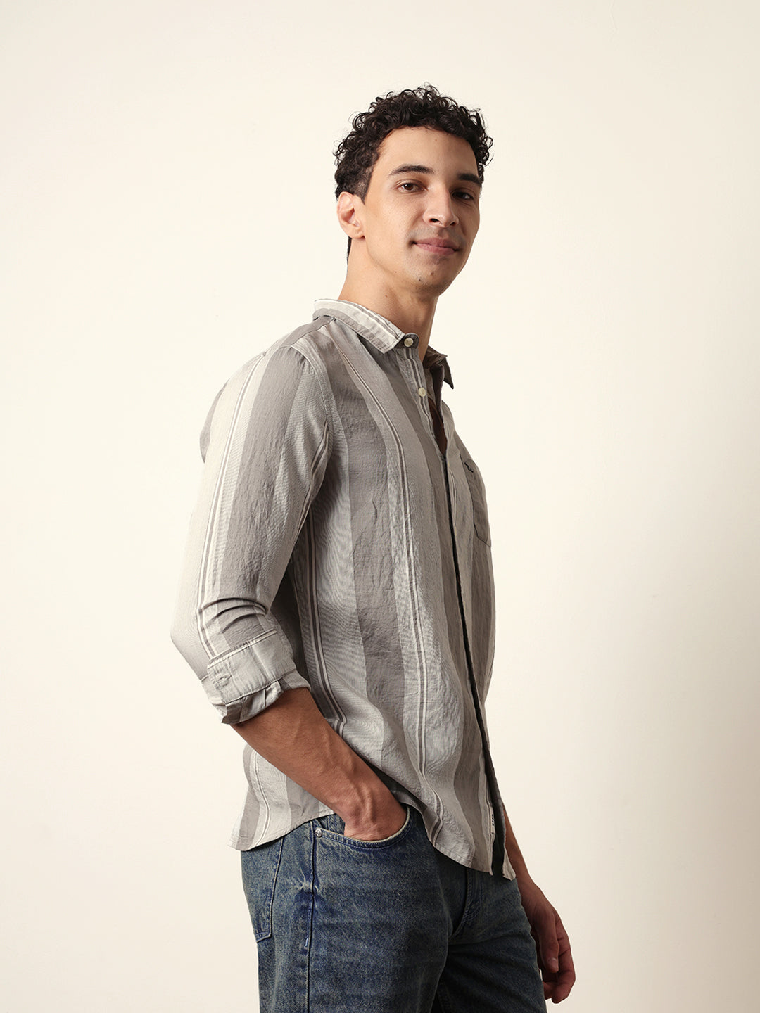 Grey Vertical Woven Stripe Slim Fit Casual Shirt
