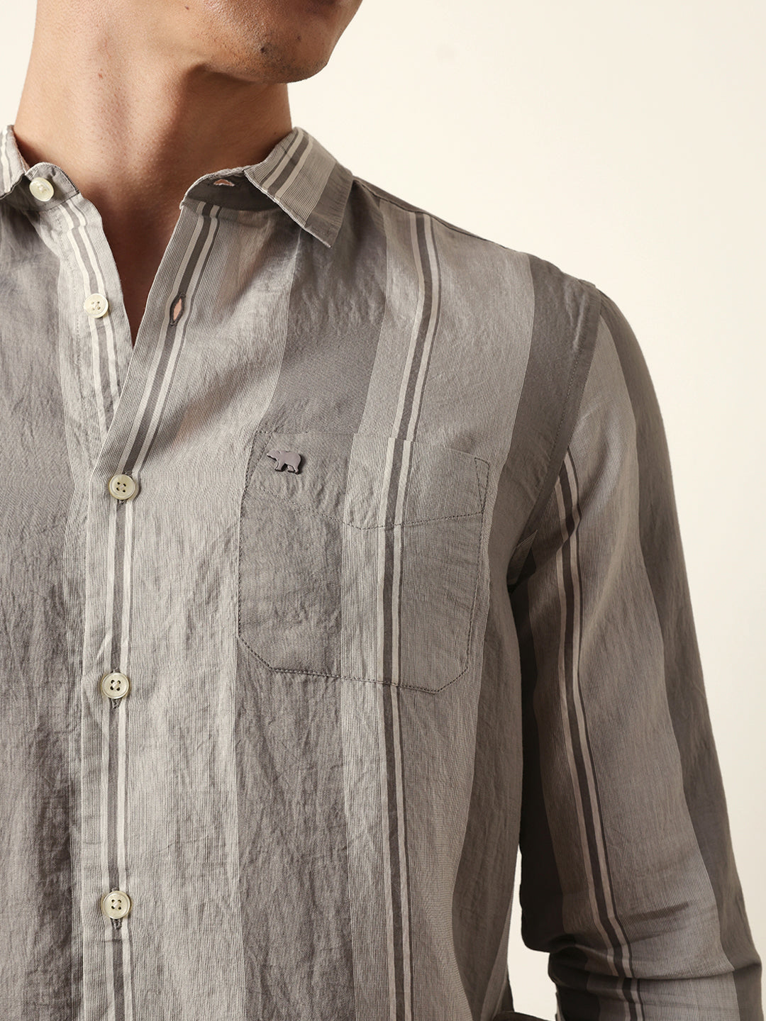 Grey Vertical Woven Stripe Slim Fit Casual Shirt