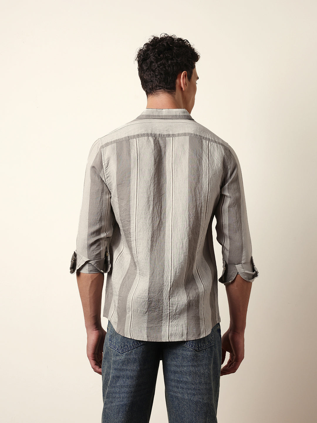 Grey Vertical Woven Stripe Slim Fit Casual Shirt