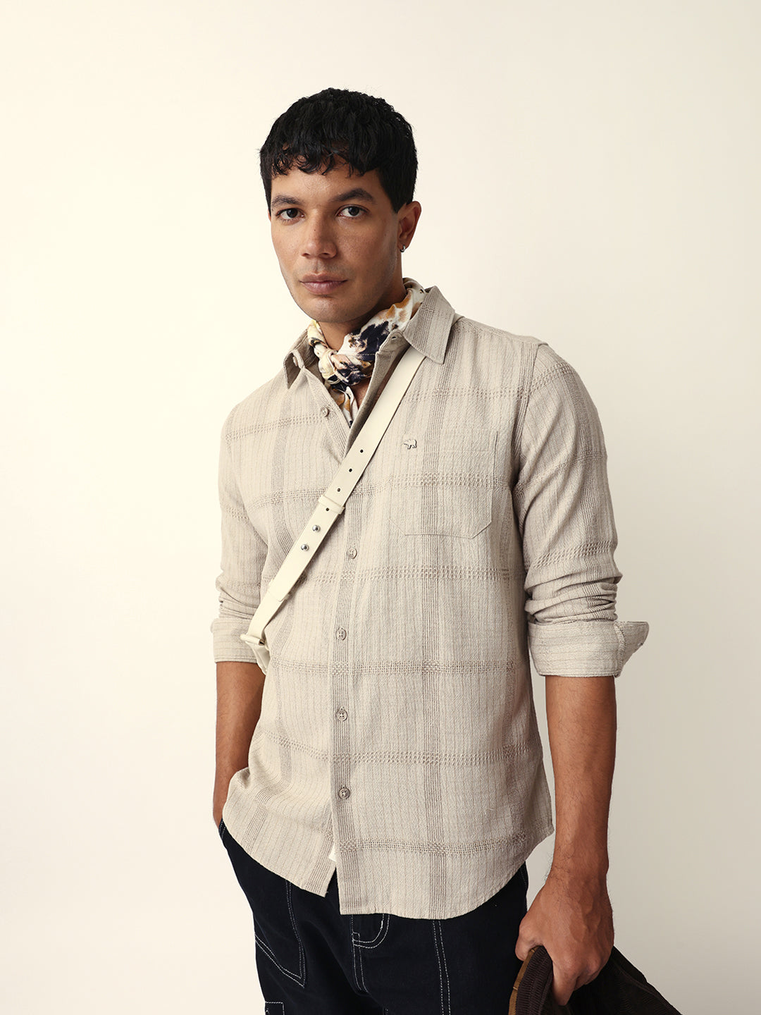 Beige Slim Fit Casual Shirt with Vertical Stripes & Horizontal Texture Design