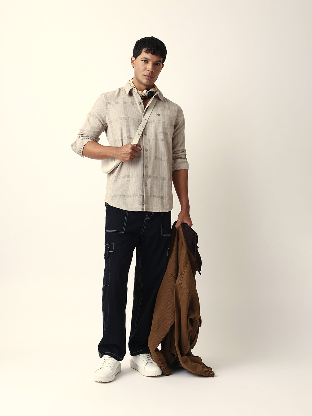 Beige Slim Fit Casual Shirt with Vertical Stripes & Horizontal Texture Design