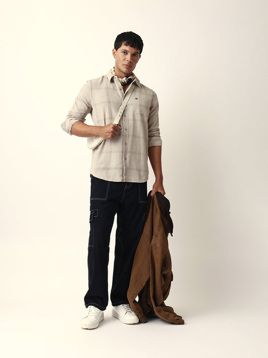 Beige Slim Fit Casual Shirt with Vertical Stripes & Horizontal Texture Design