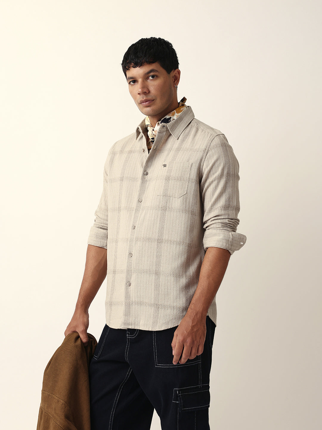 Beige Slim Fit Casual Shirt with Vertical Stripes & Horizontal Texture Design