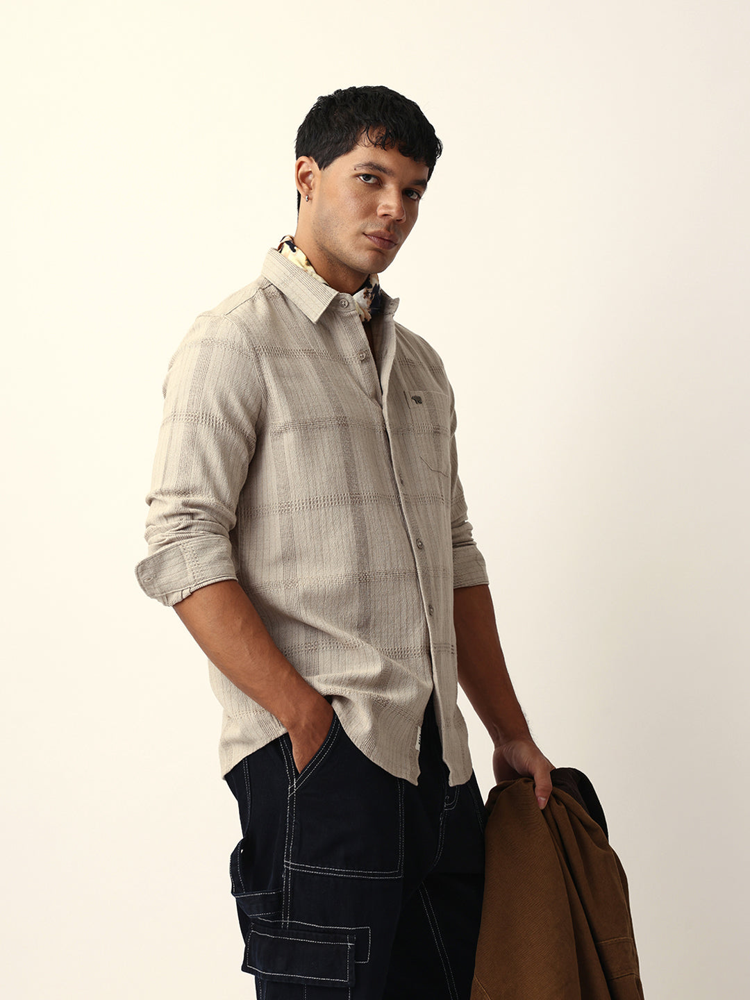 Beige Slim Fit Casual Shirt with Vertical Stripes & Horizontal Texture Design
