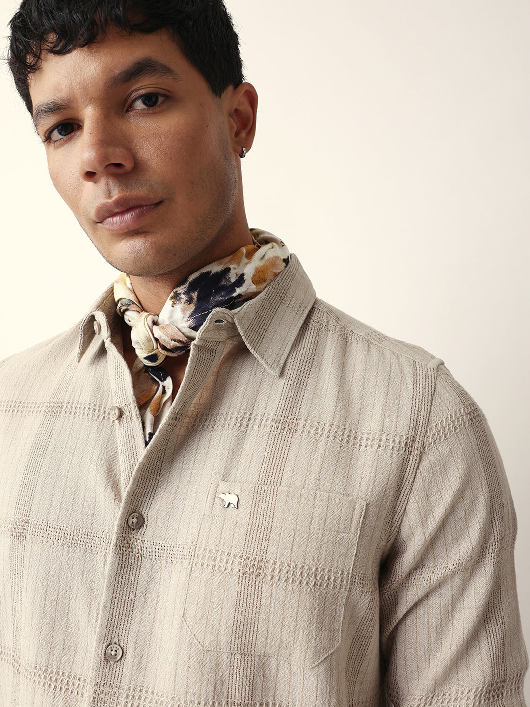 Beige Slim Fit Casual Shirt with Vertical Stripes & Horizontal Texture Design