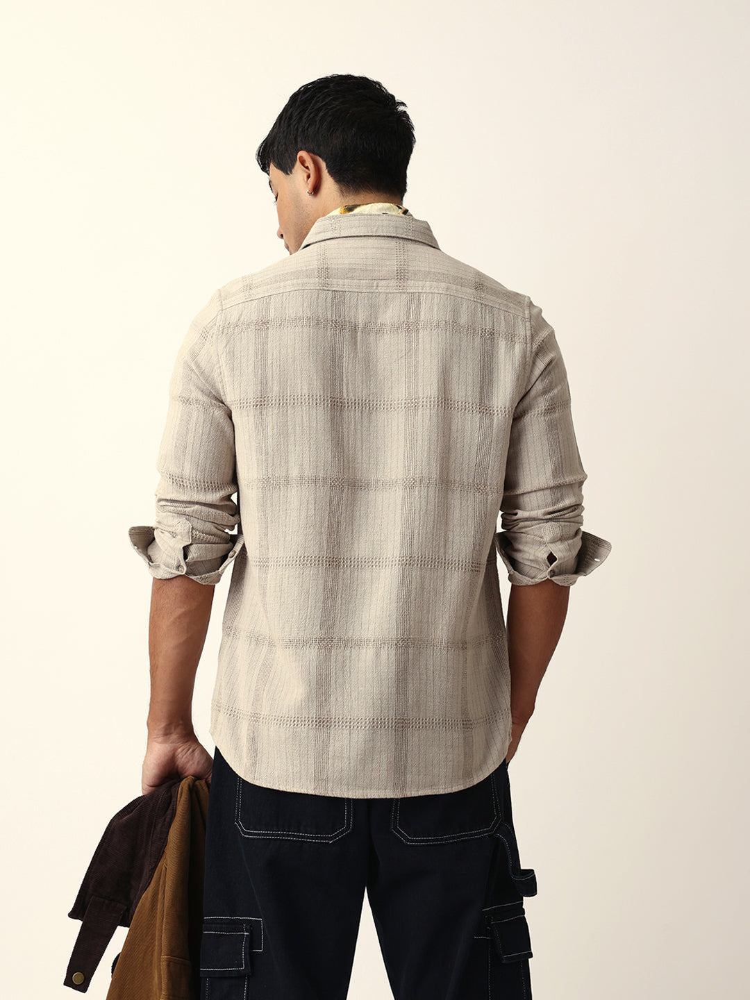 Beige Slim Fit Casual Shirt with Vertical Stripes & Horizontal Texture Design