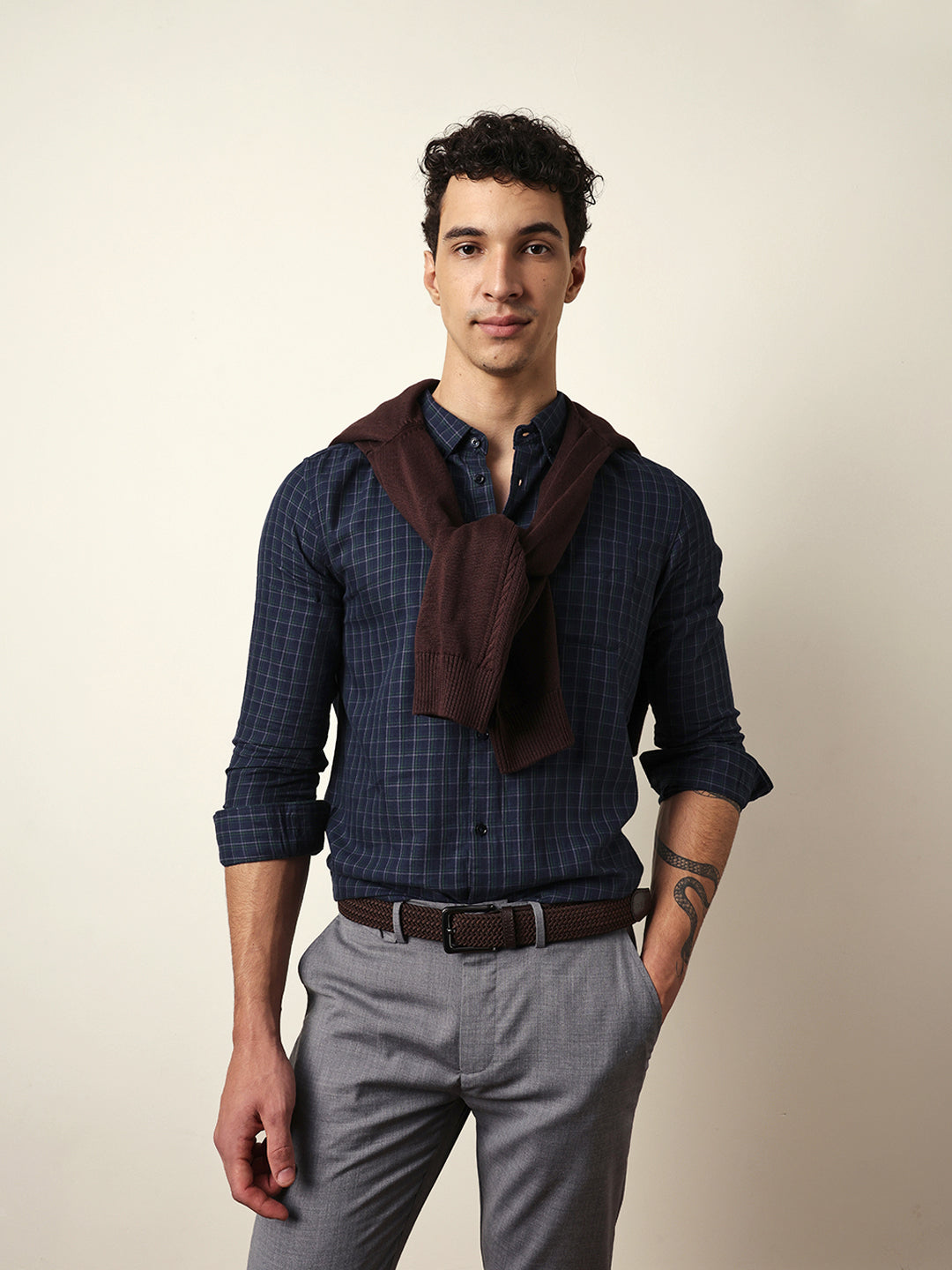 Blue Woven Micro-Checked Slim Fit Casual Shirt