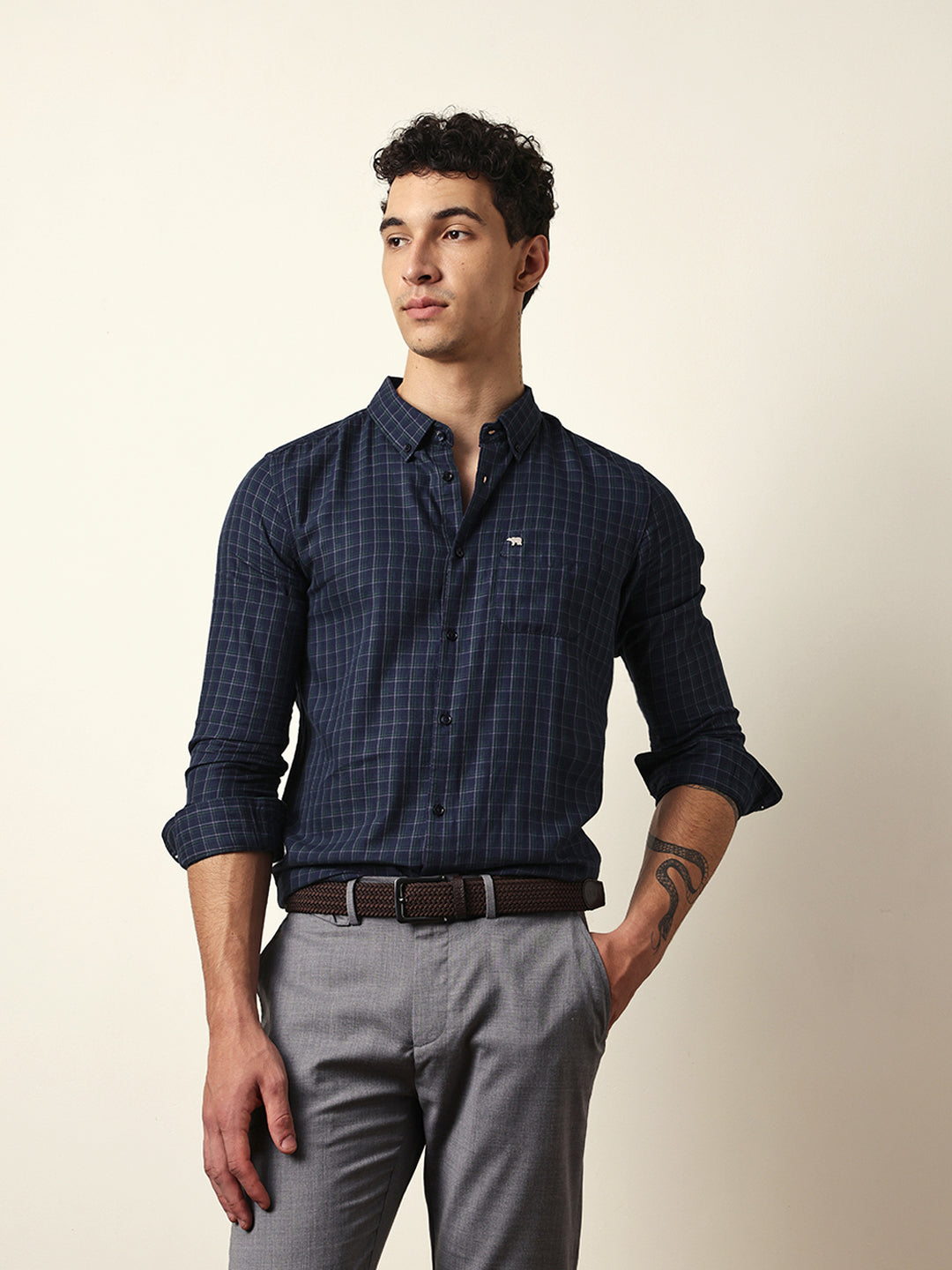 Blue Woven Micro-Checked Slim Fit Casual Shirt