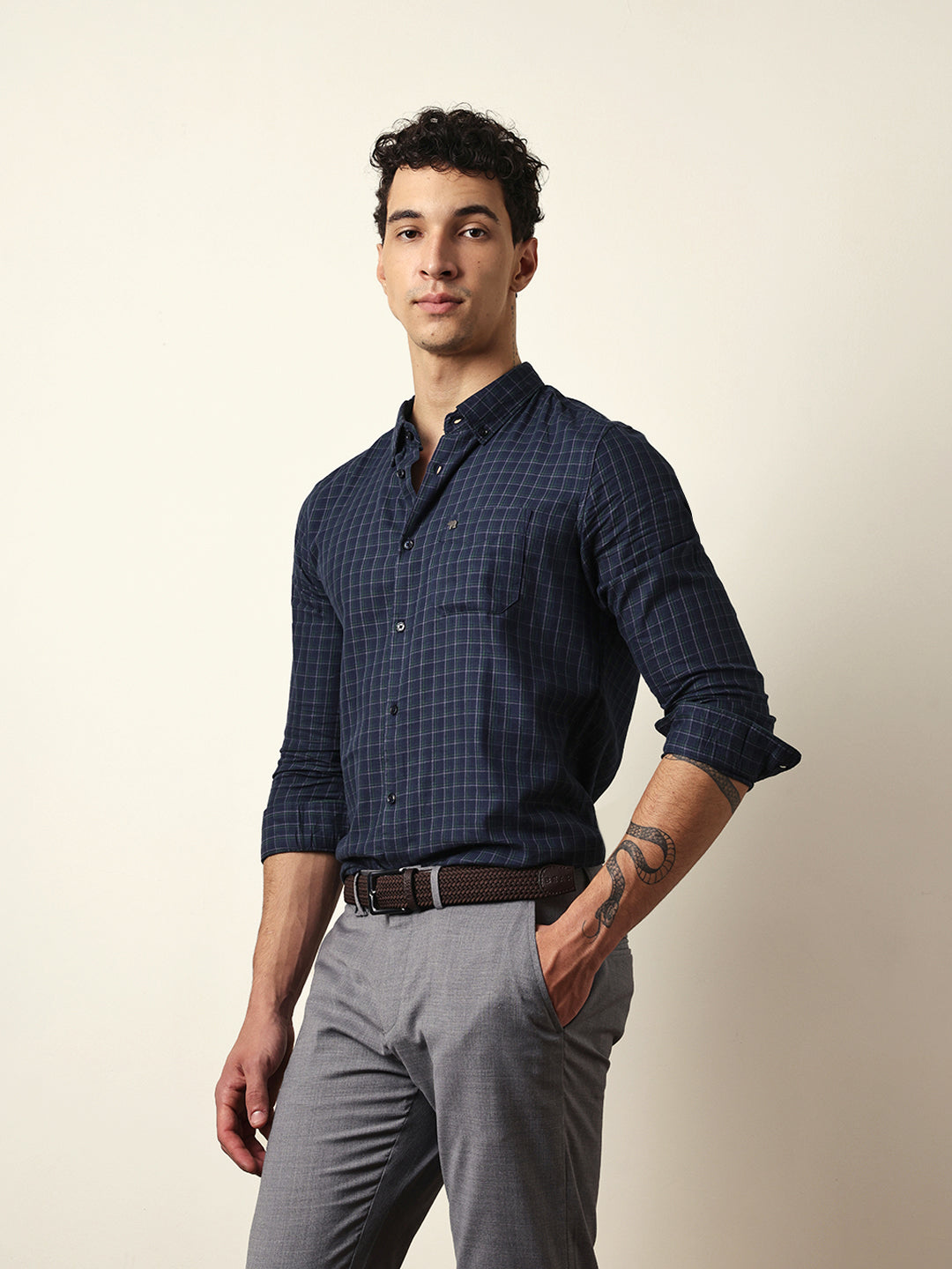 Blue Woven Micro-Checked Slim Fit Casual Shirt