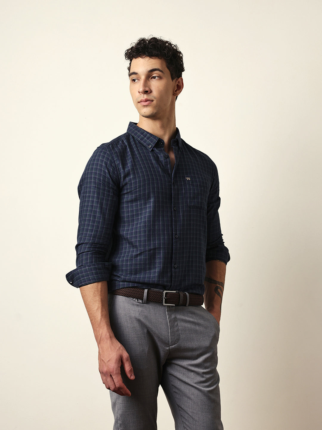 Blue Woven Micro-Checked Slim Fit Casual Shirt