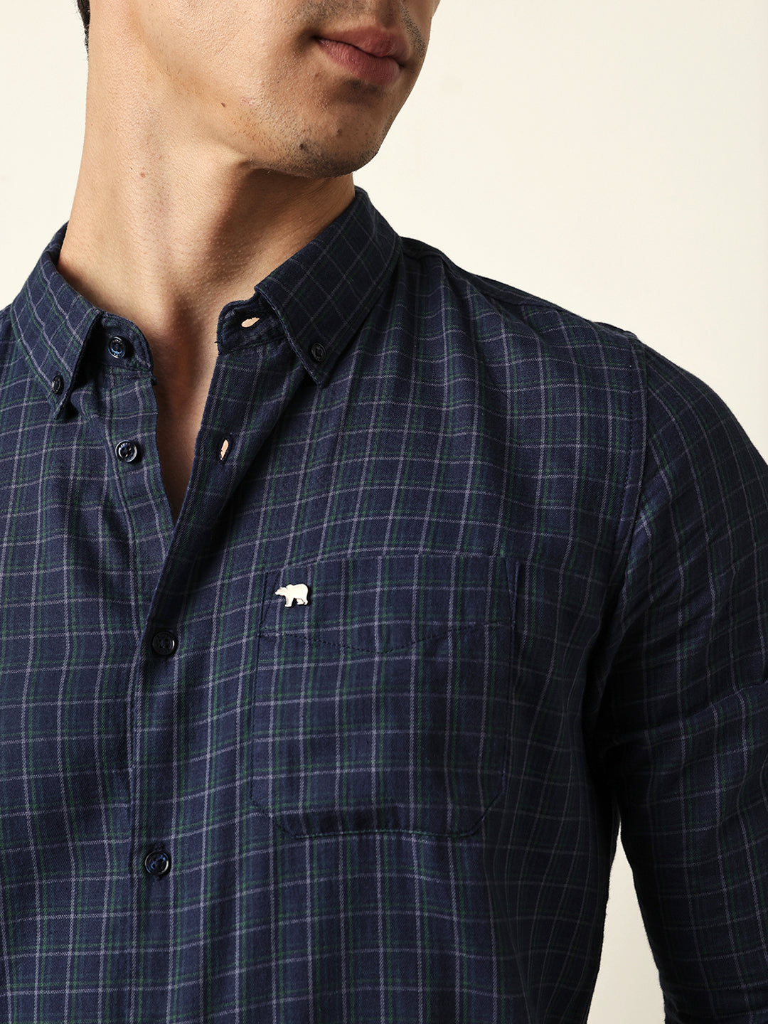 Blue Woven Micro-Checked Slim Fit Casual Shirt