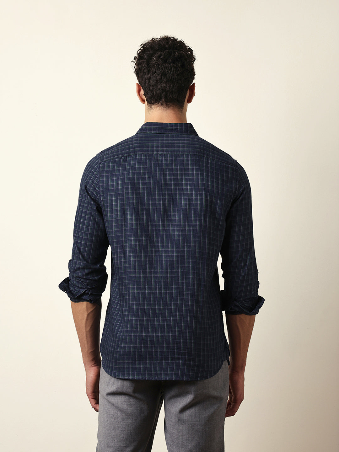 Blue Woven Micro-Checked Slim Fit Casual Shirt