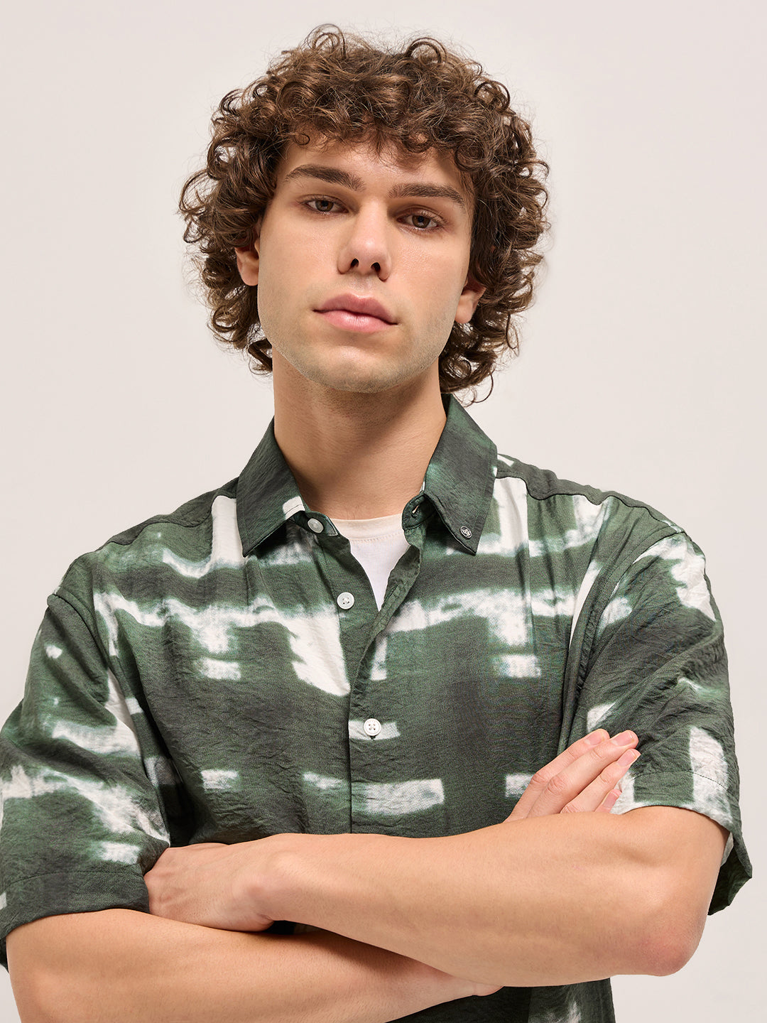 Forest Green brushstroke textured Print Relax Fit Casual Shirt