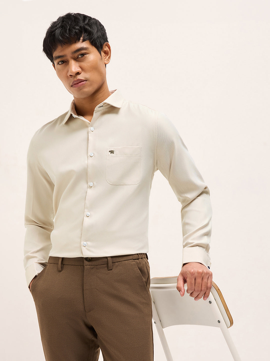 Beige Textured Woven Tailored Fit Formal Shirt