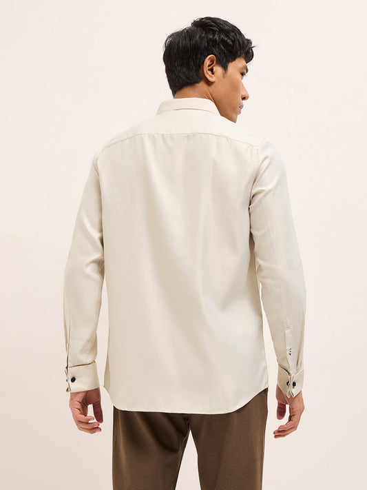 Beige Textured Woven Tailored Fit Formal Shirt