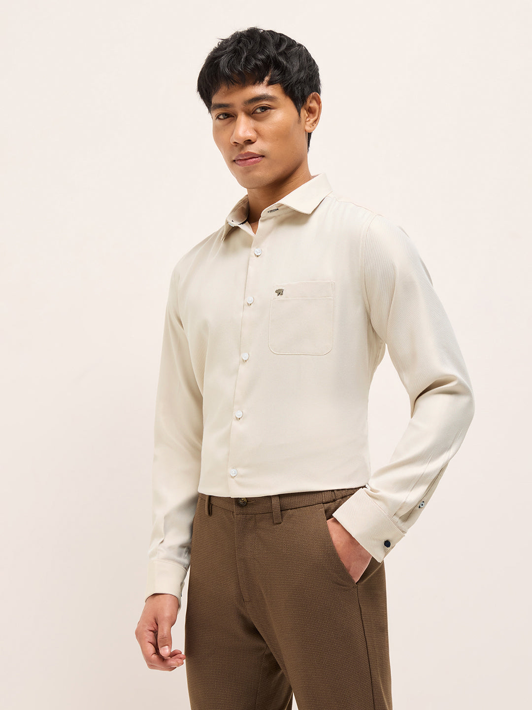 Beige Textured Woven Tailored Fit Formal Shirt