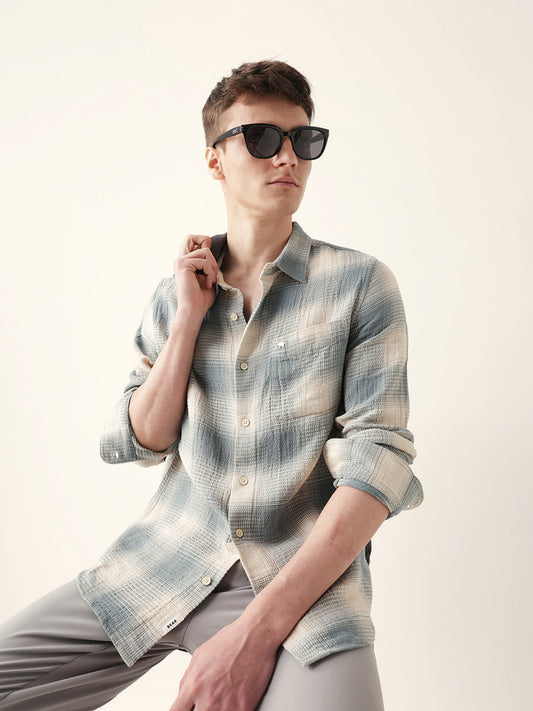 Teal & Cream Woven Textured Checks Regular Fit Casual Shirt