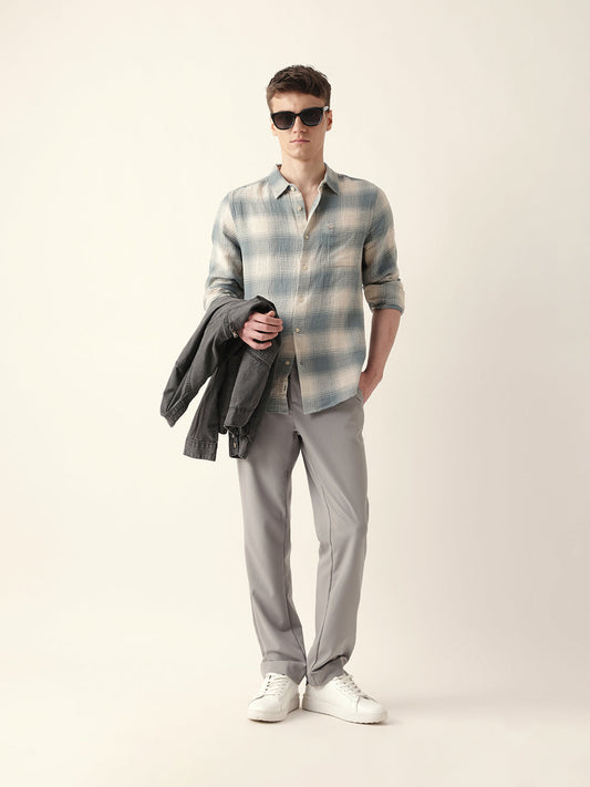 Teal & Cream Woven Textured Checks Regular Fit Casual Shirt