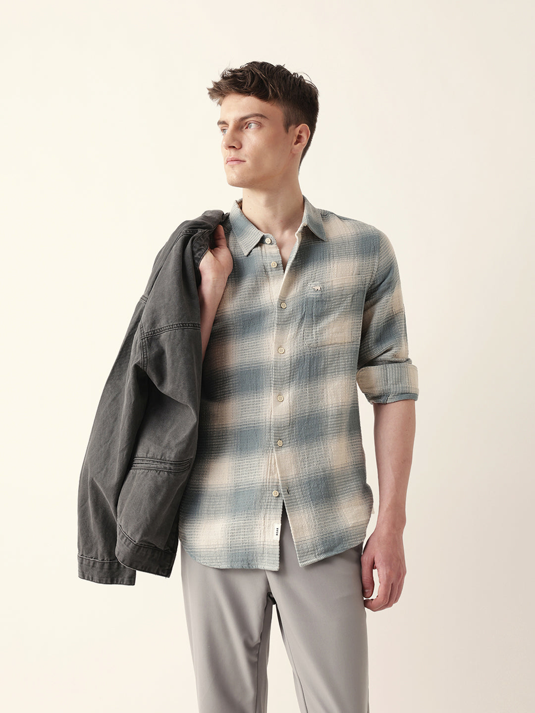 Teal & Cream Woven Textured Checks Regular Fit Casual Shirt