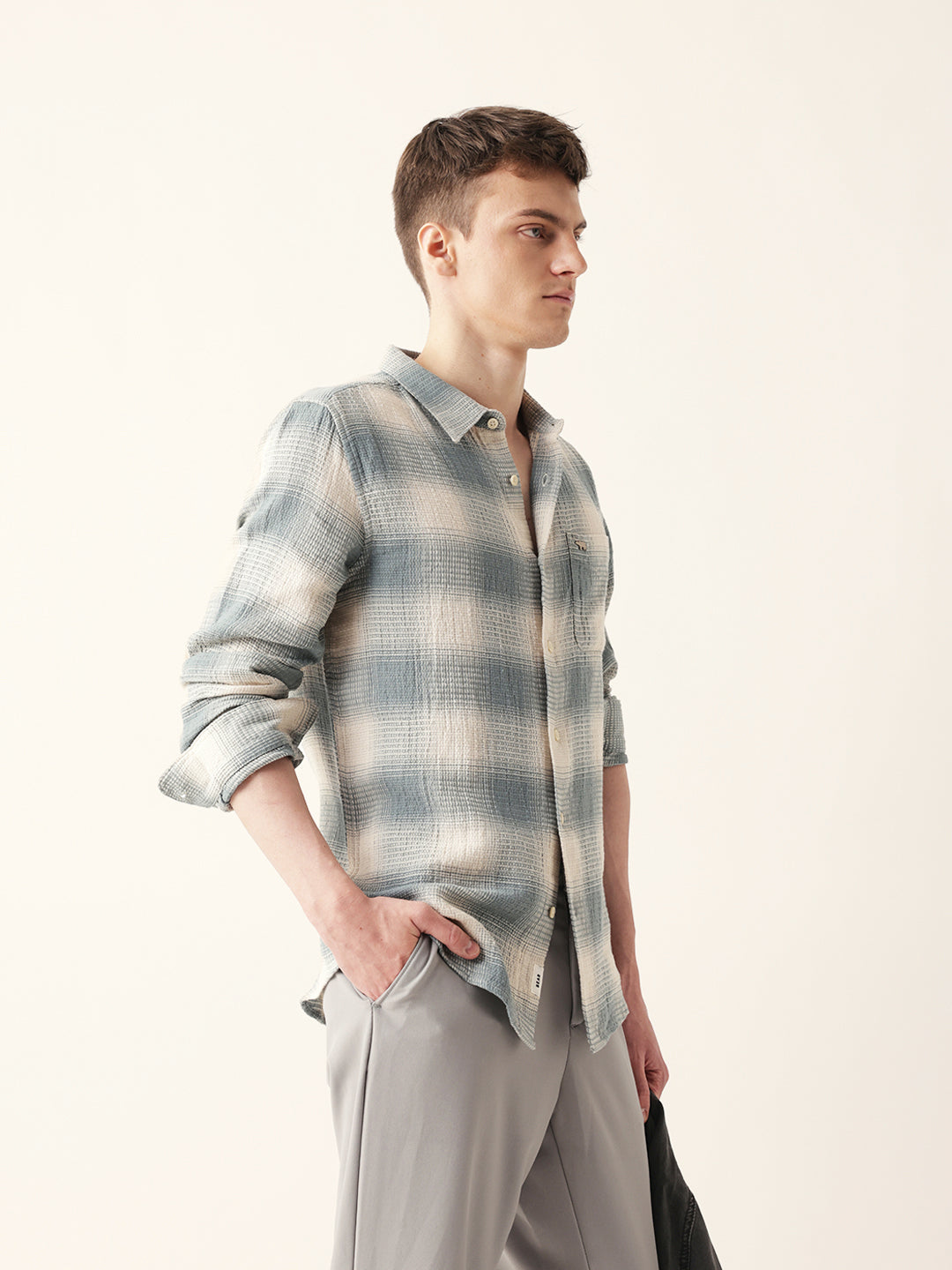 Teal & Cream Woven Textured Checks Regular Fit Casual Shirt